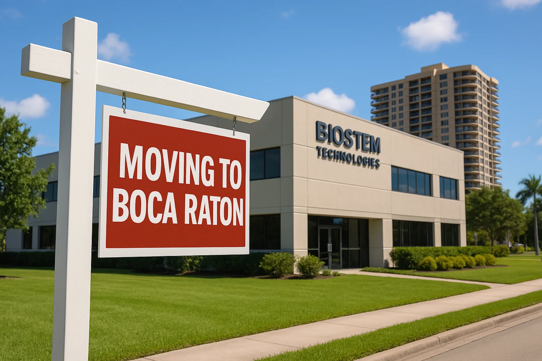 Hyperrealistic image of a modern BioStem Technologies office building in Boca Raton